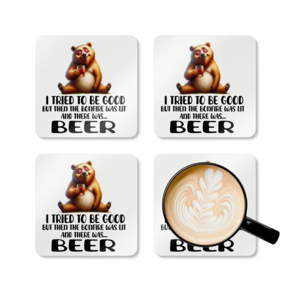 Funny Bear Coaster Set - 'I Tried to Be Good, But Then the Bonfire Was Lit' - Humorous Drink Coasters for Cabin Decor & Gifts