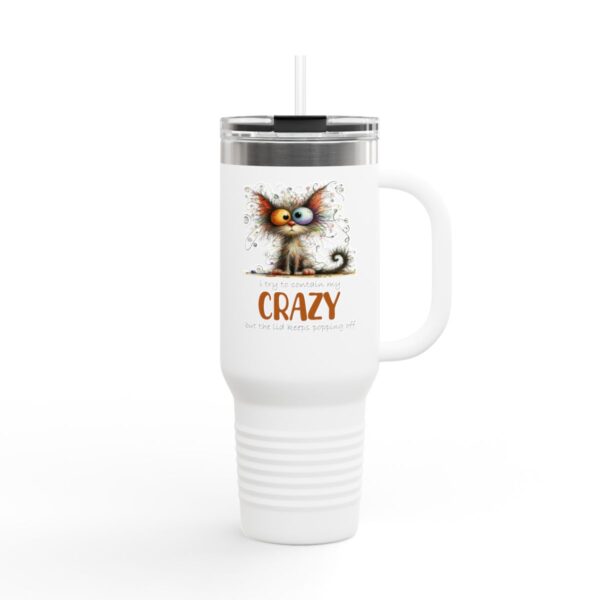 3170 TRAVEL MUG CONTAIN MY CRAZY X 37.67 7.99 X 40 OZ 45.99 45.99 Crazy Cat-Themed Insulated Travel Mug - Pet Lover Gift **Stay Purr-fectly Hydrated with the Crazy Cat-Themed Insulated Travel Mug - 40oz** Embrace your love for felines and stay refreshed on the go with our Crazy Cat-Themed Insulated Travel Mug, 40oz. This delightful travel mug is not just a drinkware piece—it's a conversation starter, a statement of your personality, and the ultimate companion for every pet lover. **Why You'll Love It:** 1. **Adorable Design:** Featuring whimsical and vibrant cat illustrations, this mug is perfect for cat enthusiasts who want to showcase their passion for their furry friends. It's a blend of fun and function, sure to brighten up your day and those around you. 2. **Superior Insulation:** Whether you prefer your coffee piping hot or your iced tea refreshingly cold, this travel mug has you covered. With its double-wall vacuum insulation, your beverages will maintain their optimal temperature for hours on end. 3. **Generous Capacity:** At 40oz, you'll have plenty of room for your favorite drinks. Say goodbye to constant refills and hello to uninterrupted hydration and satisfaction. 4. **Customizable Feature:** Make it uniquely yours! Add a personal touch by customizing your mug with your name or a special message, making it a perfect gift for yourself or the cat lover in your life. 5. **Eco-Friendly & Durable:** Crafted from high-quality, BPA-free materials, this mug is built to last and help reduce your carbon paw-print. It's an eco-conscious choice that doesn't skimp on style or functionality. 6. **Perfect Gift:** Searching for the ideal birthday or holiday present? Look no further. This funny and cute travel mug is a thoughtful gift that will delight any cat lover and make every sip a joyful experience. **Customer-Centric Experience:** We're dedicated to delivering not just products, but happiness to our customers. Our Crazy Cat-Themed Insulated Travel Mug is easy to clean, fits most cup holders, and comes with a sturdy lid to prevent spills, ensuring a hassle-free experience wherever you go. **Join the Cat Lover Community:** Celebrate your feline fascination with a mug that speaks to your spirit. Order your Crazy Cat-Themed Insulated Travel Mug today and enjoy a blend of whimsical design and practical function. Perfect for you, or as a cherished gift, it's time to drink in style and share the cat love! **Don't Wait - Dive into a Purr-fectly Delightful Experience Now!** Meta Title: Crazy Cat-Themed Insulated Travel Mug, 40oz Meta Description: Discover the purr-fect gift for cat lovers! Our 40oz insulated mug keeps drinks hot or cold, and it's customizable for a personal touch. "Cat Lover Travel Mug"